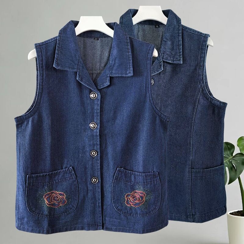 Mother's spring and autumn jacket, thin vest, middle-aged women's autumn denim vest, large size outerwear for older adults