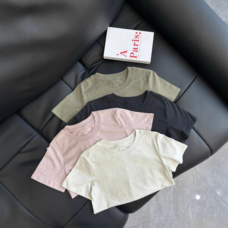 [in Stock] Row Organic Pure Cotton Plain Fabric Versatile Women's Round Neck Casual Versatile Short Sleeves