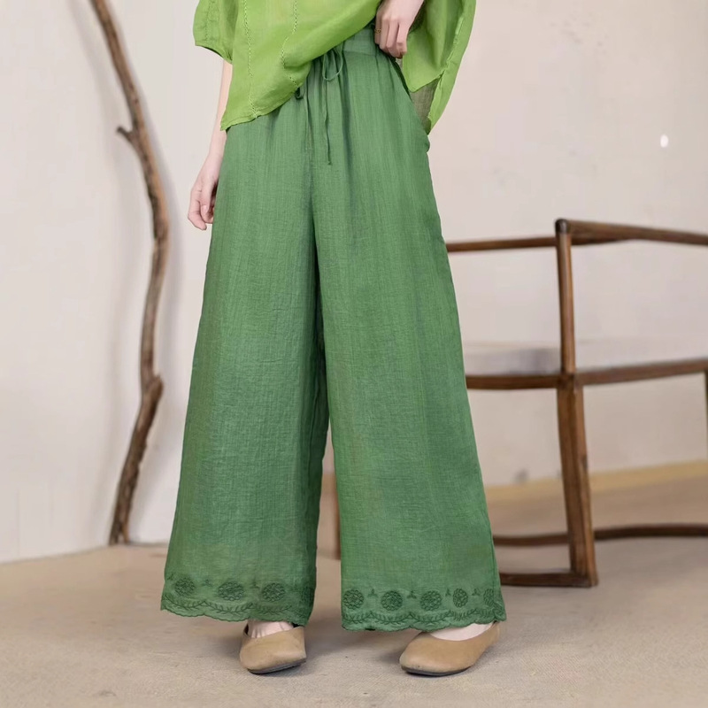 Summer Ramie Heavy Industry Embroidered Double-Layer Wide-Leg Pants Women's Loose Slimming Straight Pants with 17588 Waist and Lace-Up