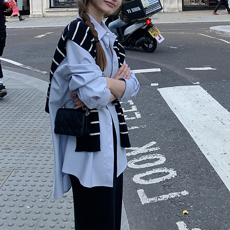 Shawl Striped Shirt Two-piece Set Women's Autumn New 2024 Design Sense Niche Long-sleeved Top Trendy