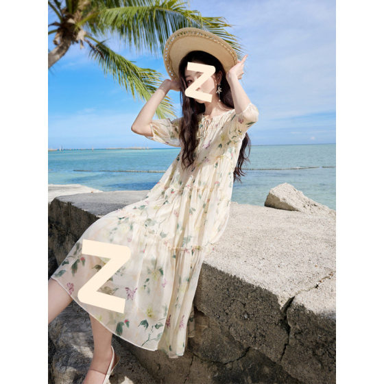 2025 Summer New Korean Floral dress Women's Loose Flesh Covering Slimming Mid-Sleeve Fairy Beach Skirt Elegant