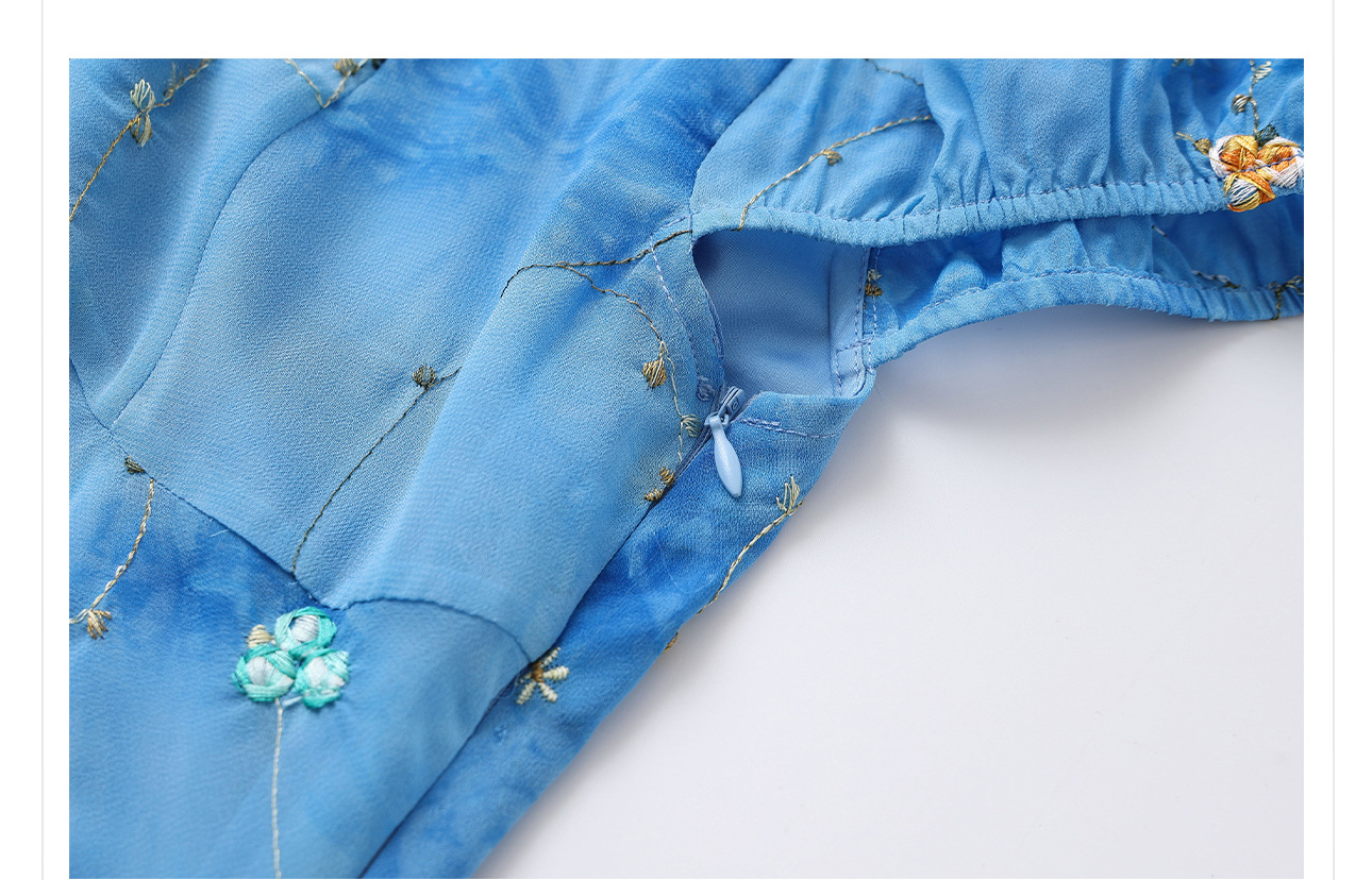 Váy maxi nữ in họa tiết phong cách Pháp thêu tay thanh lịch mùa hè N4097 — Xanh lam nhỏ chi tiết 7