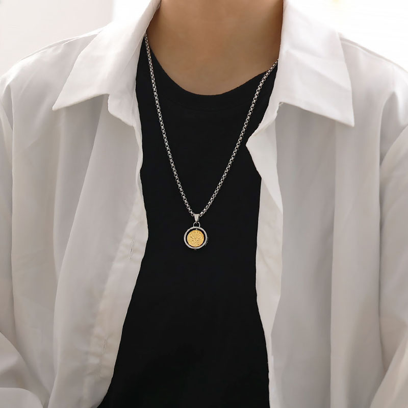 Men's Gold Pentagonal Rotating Coin Pendant Necklace Protection_voghion.com