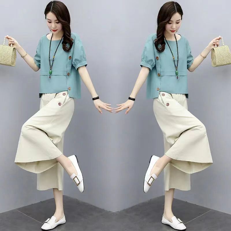 Loose Two-piece Short-sleeved Summer Clothes 2024 New Women's Fashionable and Age-reducing Wide-leg Pants Suit Loose and Slim