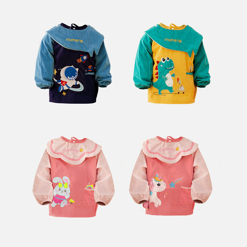 Children's corduroy smock, baby bib, eating and painting apron, kindergarten waterproof, dirt-proof, reversible dressing and rice pocket