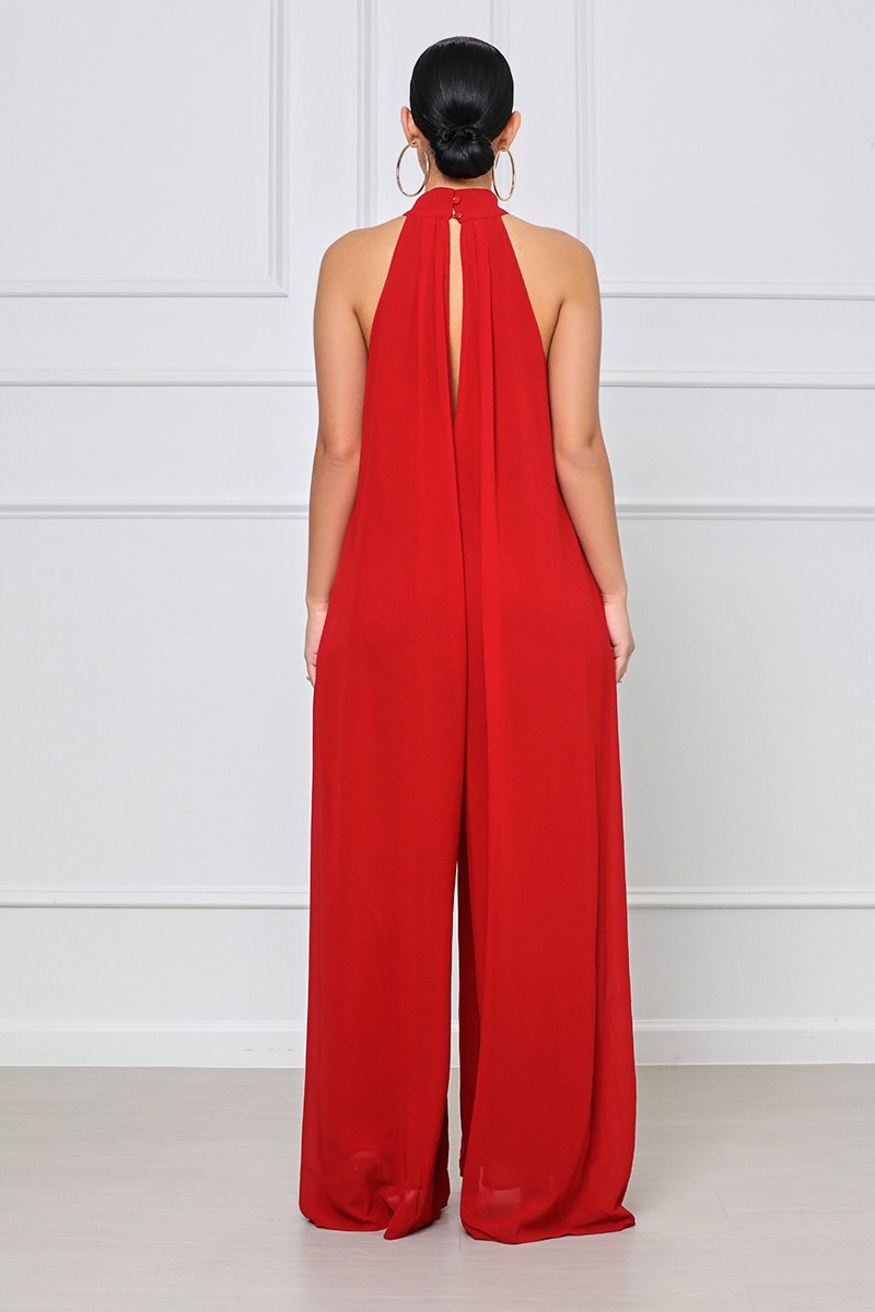 sleeveless loose wide-leg hanging neck solid color chiffon jumpsuit NSXLY119202
