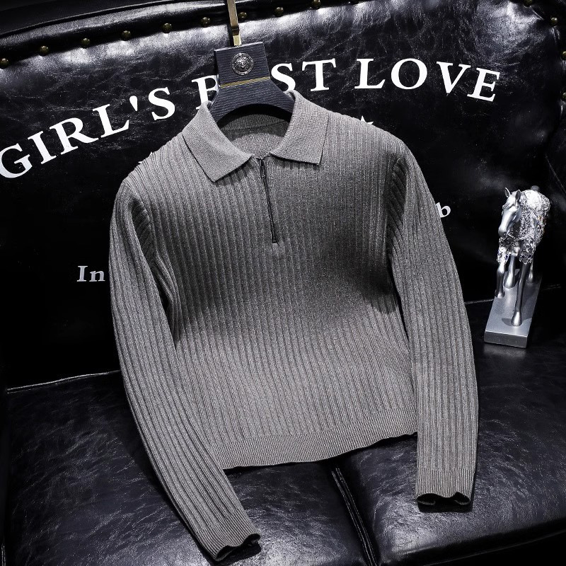 Hochwertiger Reverspullover mit Reißverschluss für Herren im Herbst und Winter im koreanischen Stil, trendiger gestreifter dicker warmer Pullover mit Polokragen für Herren_voghion.com