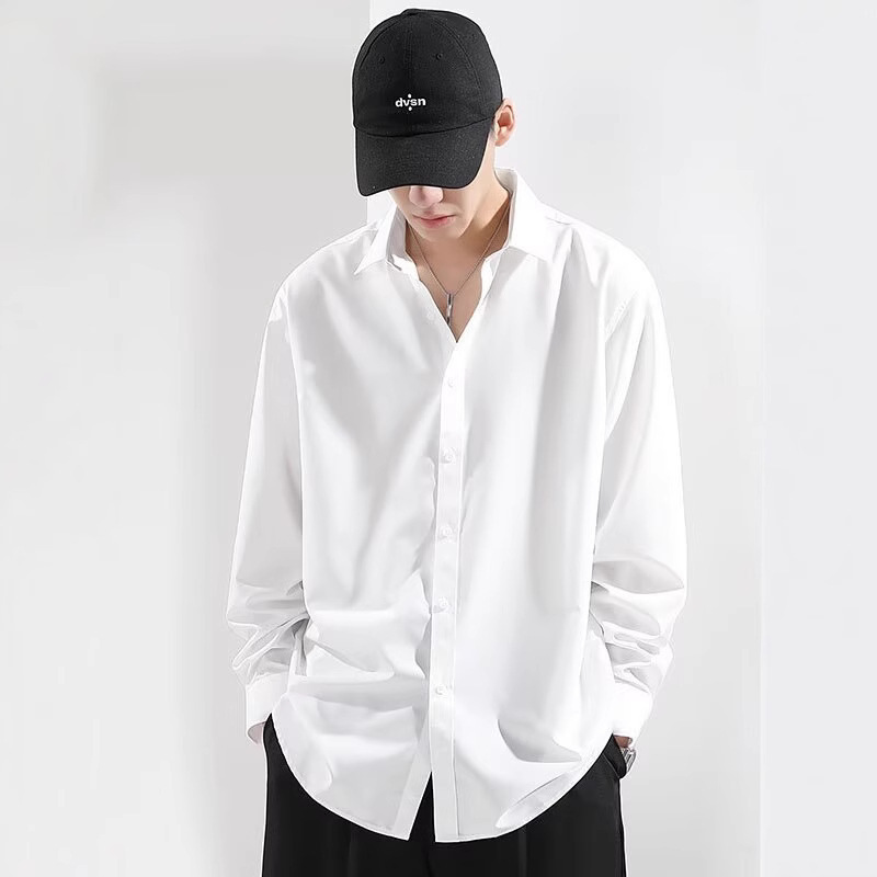 2025 Autumn Ice Silk Shirt Men's Long Sleeve White Casual Shirt Loose Large Size Drapey High-Quality Inch Shirt Thin Style 2025 Autumn Ice Silk Shirt Men's Long Sleeve White Casual Shirt Loose Large Size Drapey High-Quality Inch Shirt Thin Style