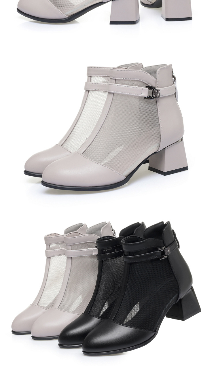 Boot nữ cổ thấp da lộn lưới gót vuông 6 cm — Xám gạo chi tiết 16