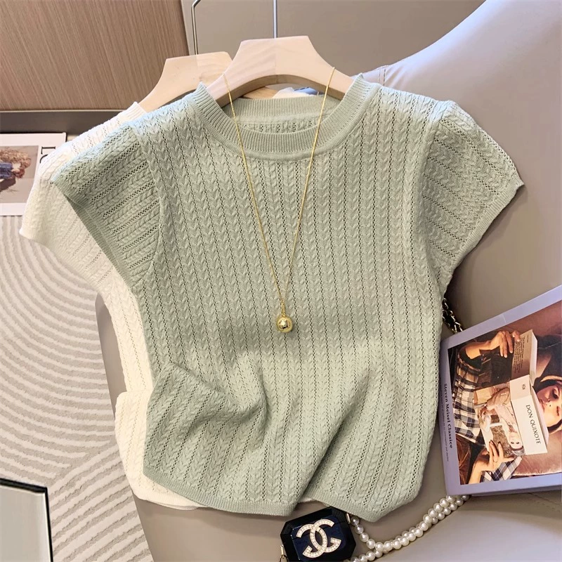 Женский короткий топ с круглым вырезом, французский шик, ажурная вязка, лето 2025, новый стиль, нежный и очень приятный, легкий низ.