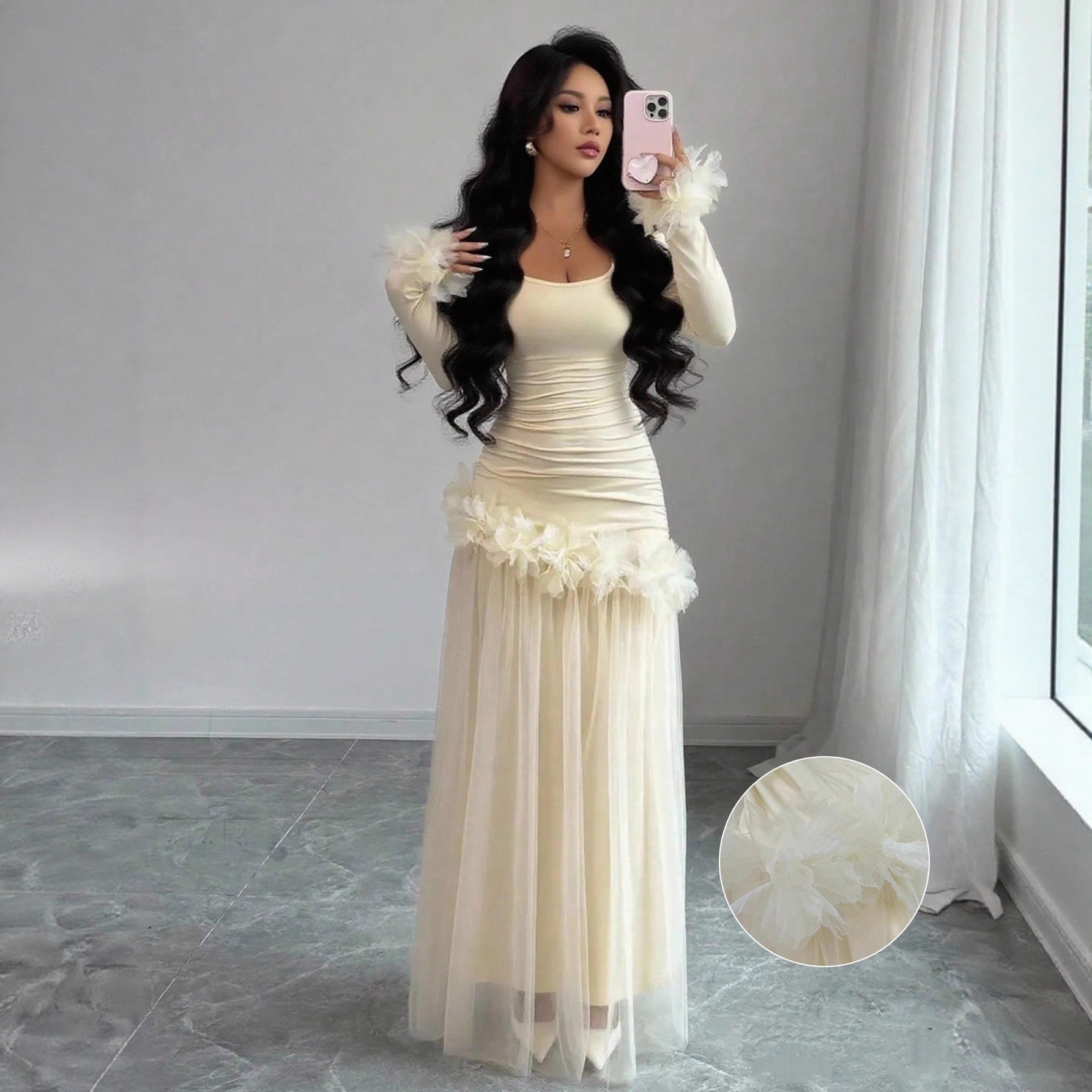 Cross-Border Early Spring New Style Cream Apricot Pure Style Slim Long Dress with Three-Dimensional Floral Embellishments and Mesh Splicing for Banquet Dresses