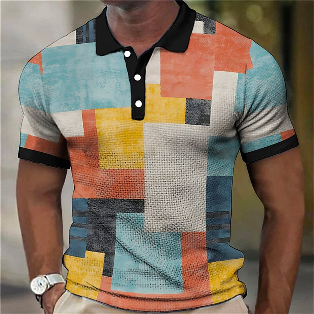 Botón de los hombres camisa polo a cuadros patrón solapa moda 3D Impresión digital moda urbana suelta casual