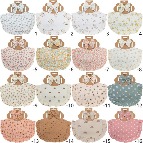Cross-border new baby saliva napkin ruffled children's cotton gauze lace bib bib saliva pocket headband set