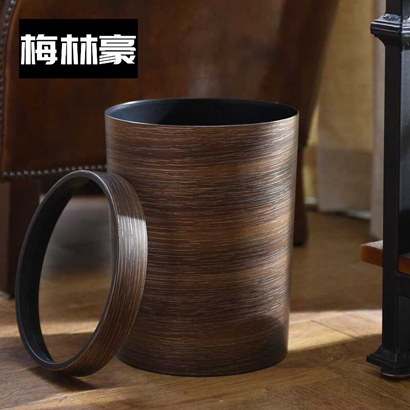 Chinese retro solid wood trash can large household living room hotel bedroom with lid wood grain antique