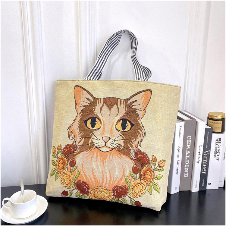 189g Weight Polyester Lining Material Zipper Closure Type Double Shoulder Straps Strap Type Tote Bag Bags Type Casual, Daily Occasion Linen Material Animal Pattern All Seasons Season Women's Gender Cute Style Square Shape Women's Linen Animal Cute Square Zipper Tote Bag 20