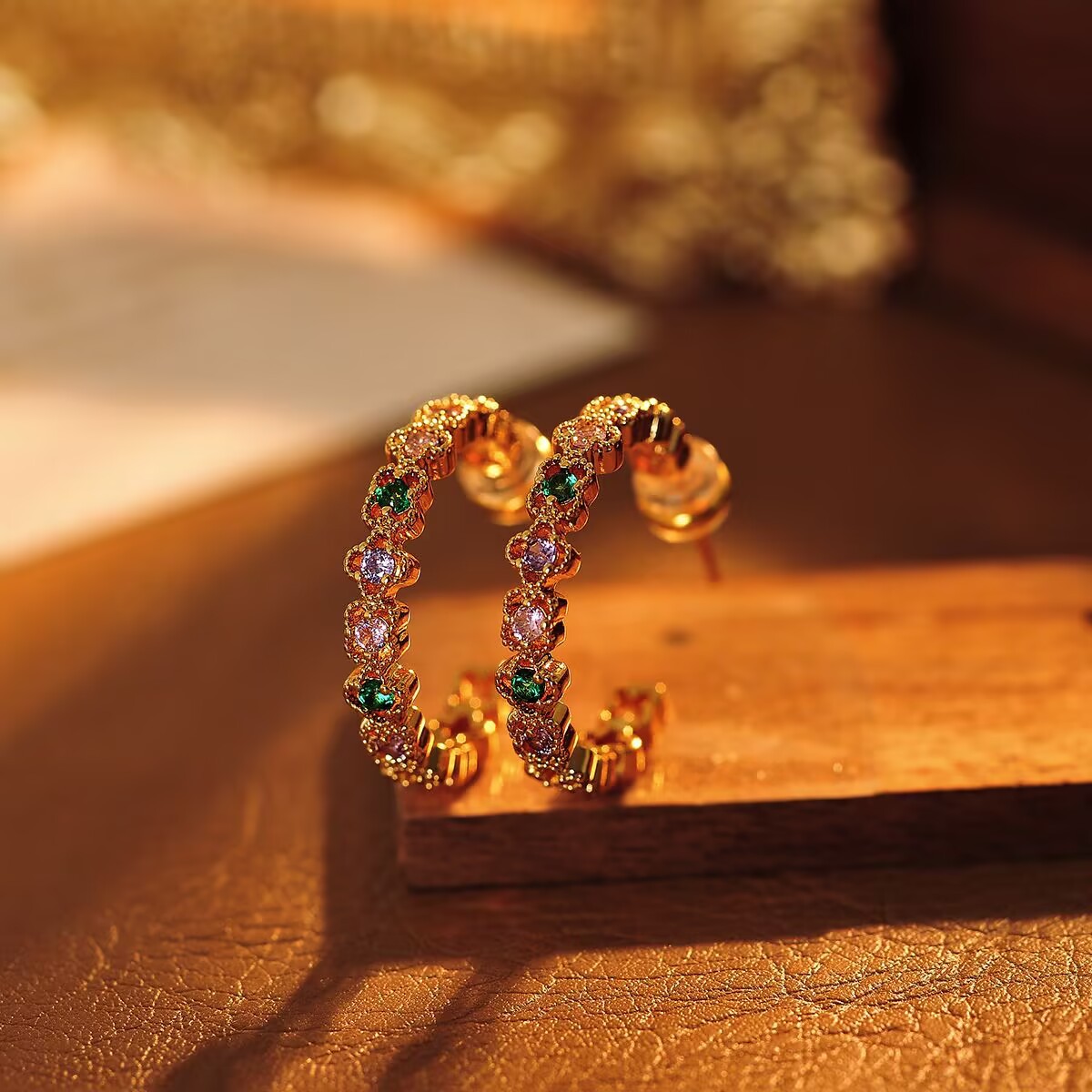 Colorful Fashion C-Shaped Zircon Clover Retro Versatile Exquisite 925 Silver Needle Earrings Niche Wholesale Dropshipping
