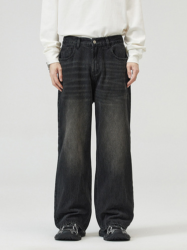Muxi Clothing #Autumn high street loose straight pants dark blue retro washed old jeans men and women's wide-leg pants