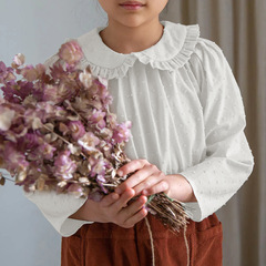 春季木耳邊翻領娃娃衫襯衣可愛俏皮提花純棉開衫上衣長袖女童襯衫