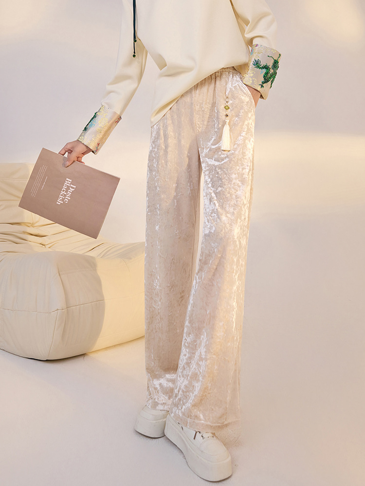 Quần ống rộng nhung lụa kiểu Trung Quốc mới, jacquard màu trơn, phong cách văn nghệ — Màu đen, Màu vàng, Màu hồng, Màu mơ
