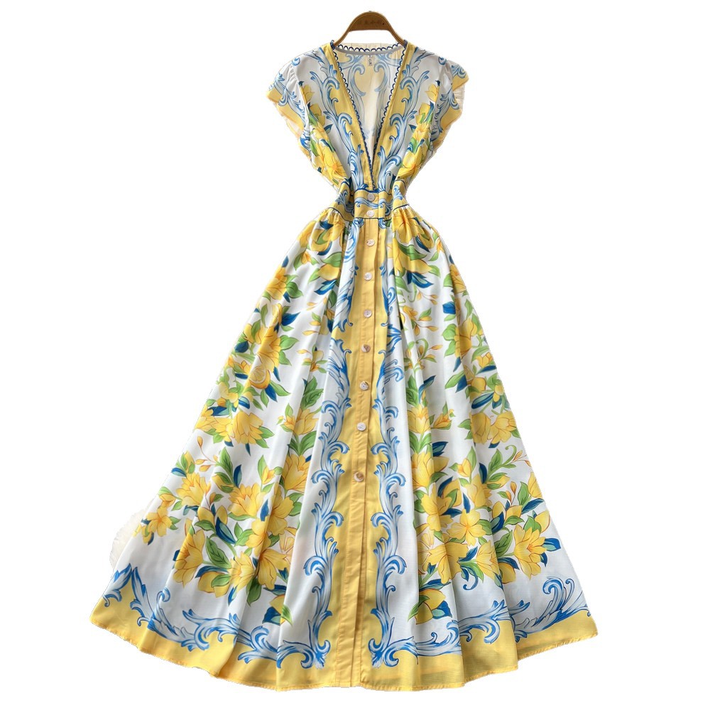 Women's European American Retro V Neck Dress Lace Trimmed Floral Print Fitted Waist Long Skirt Elegant Spring Autumn Wear_ecoleips.com
