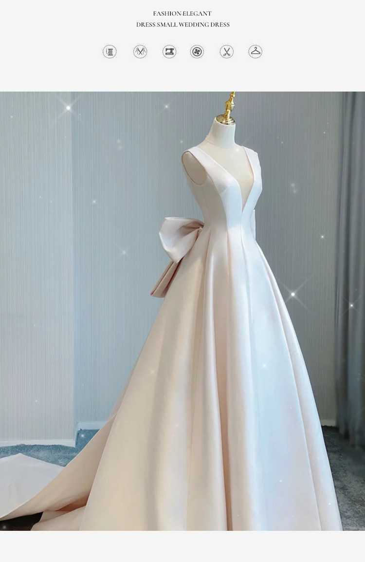 Vintage Satin Wedding Dress Minimalist Style High Quality Elegantly Slimming V Neck Long Train For Women_ecoleips.com