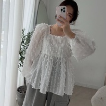 韩国chic2025春季新品复古方领甜美减龄百搭流苏点缀钩花上衣衫女