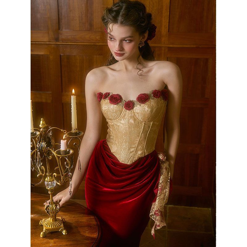 Spanish Wild Rose French Retro Romantic Tube Top Red Dress Toast Dress for Women Autumn and Winter