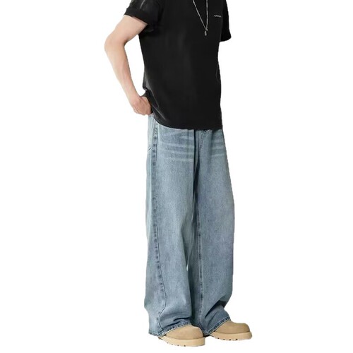 American Retro Blue Denim Straight Leg Loose Heavy Wash Distressed Jeans for Men - Spring and Autumn New Arrival