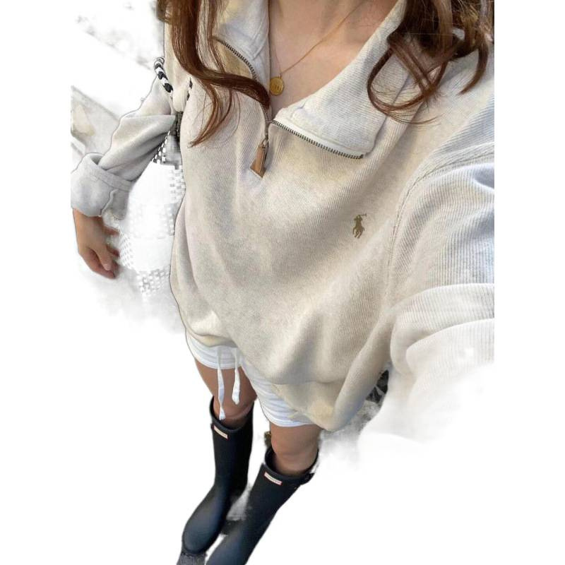 半拉链宽松美式卫衣男polo情侣卫衣女复古长袖翻领|undefined