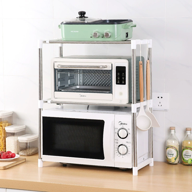 Выдвижная стойка для хранения микроволновой печи Двухслойная плита для мелочей Домашняя стойка для хранения приправ из нержавеющей стали Настольная стойка для духовки