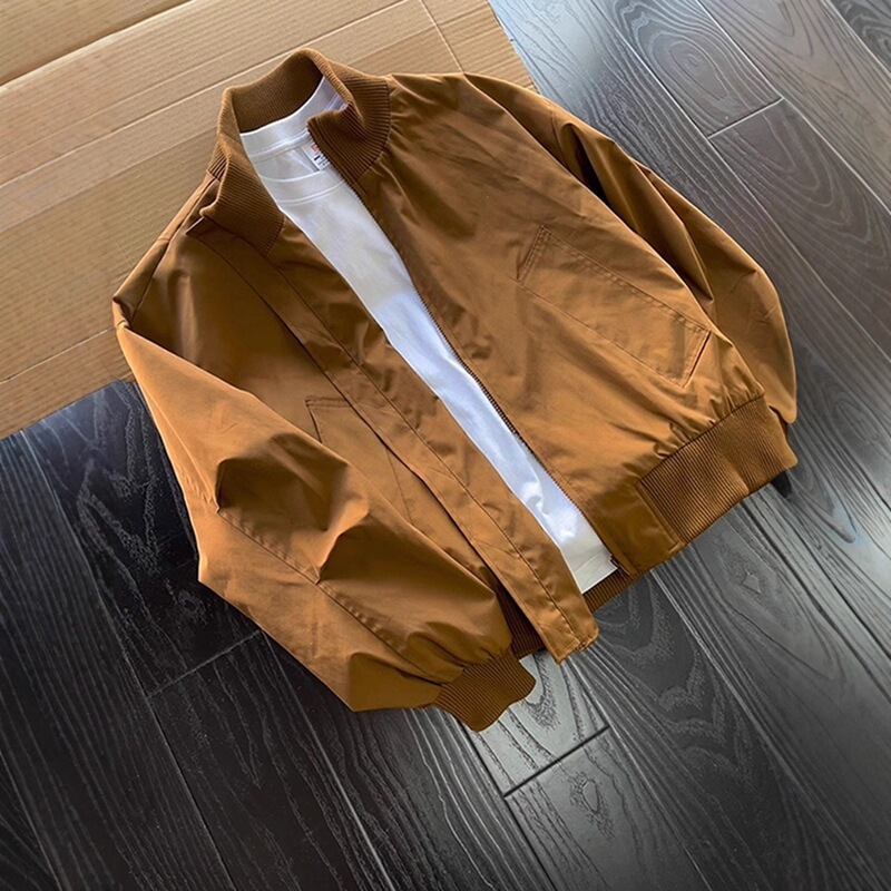 Men's autumn stand-up collar brown American-style short bomber baseball jacket with a high-end feel, cross-border workwear jacket