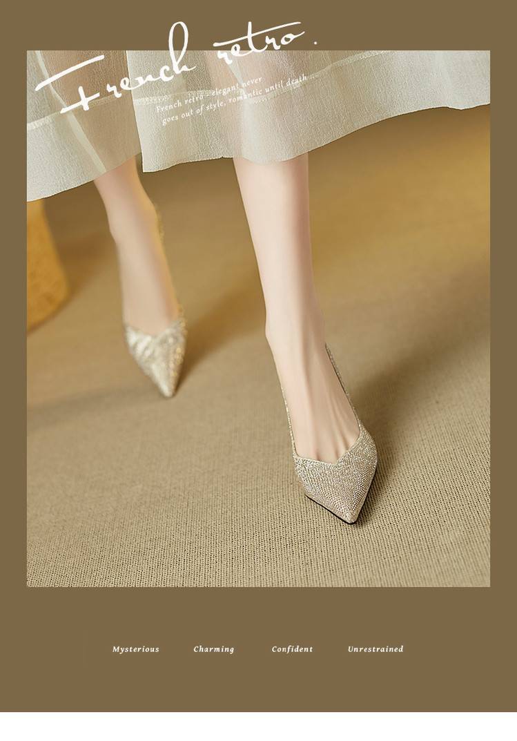 Giày cao gót nữ mũi nhọn gót 9 cm pha lê lấp lánh màu sâm panh — Màu đen chi tiết 1