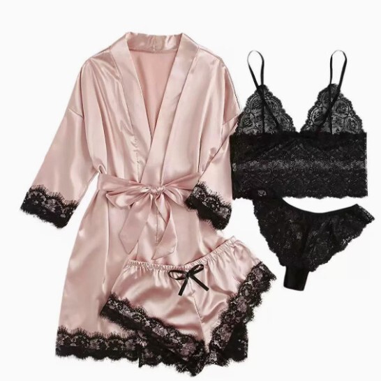 European and American Cross-Border Foreign Trade Women's Four-Piece Pajama Set, Large Size Nightgown and Camisole Set, Home Wear, Hot-Selling in Stock European and American Cross-Border Foreign Trade Women's Four-Piece Pajama Set, Large Size Nightgown and Camisole Set, Home Wear, Hot-Selling in Stock