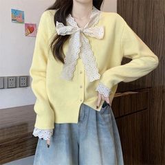 黄色の V ネックニットカーディガン女性の春と秋の新しいレースのリボンタイセータージャケットショートソリッドカラートップ