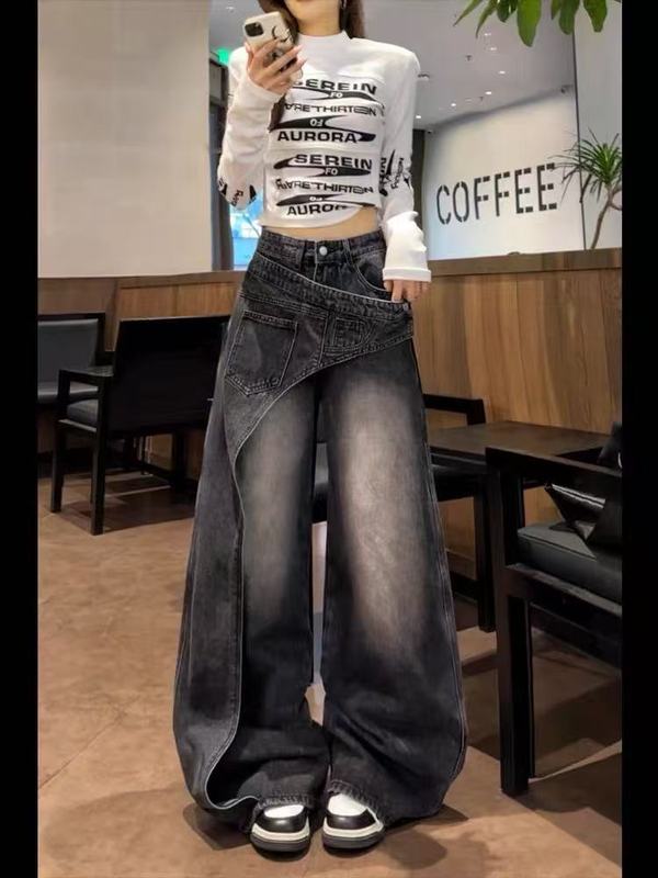 胖mm美式腰封设计师款牛仔裤女大码新款不规则裁片渐变显瘦阔腿裤|undefined