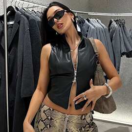 欧美风2024秋新款跨境女装时尚立领性感露背修身露脐PU小背心女