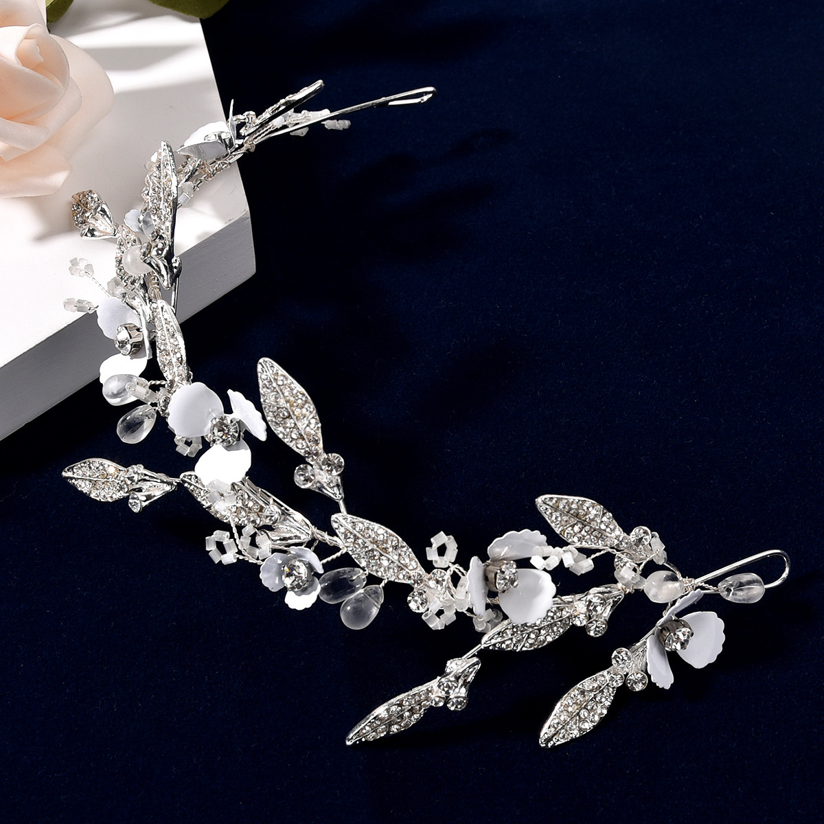 Bridal wedding accessories white spray paint flower rhinestone headband