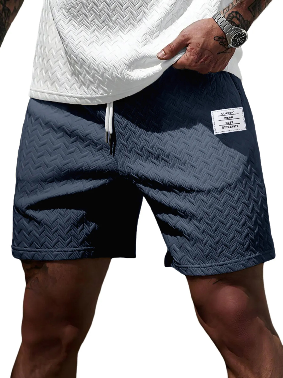 Short d'été décontracté pour homme, coupe ample, couleur unie, tissu jacquard, cordon de serrage, style plage, pour occasions formelles et décontractées._voghion.com
