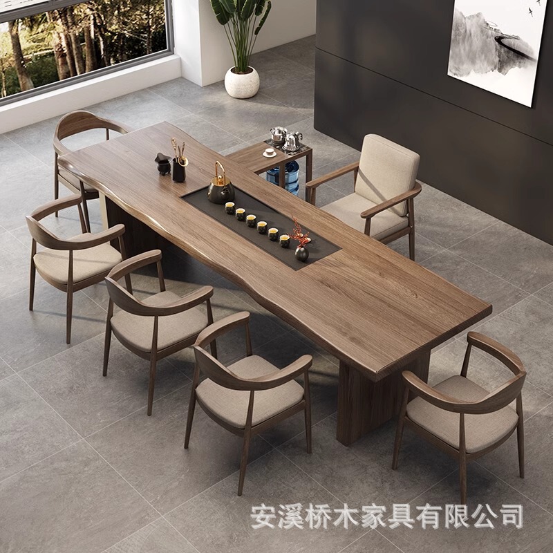無垢材のティーテーブル、一体型ティーテーブルと椅子の組み合わせ、モダンでシンプルな新しい中国風のオフィスカンフー禅大板ティーテーブル|undefined
