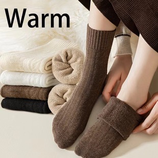 Socks women's autumn and winter fleece-lined thick terry socks warm bow women's socks solid color all-match sleep floor socks