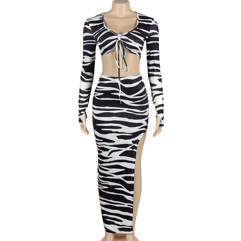 Autumn Zebra Print Long Sleeve Lace up Cropped Top Split Set