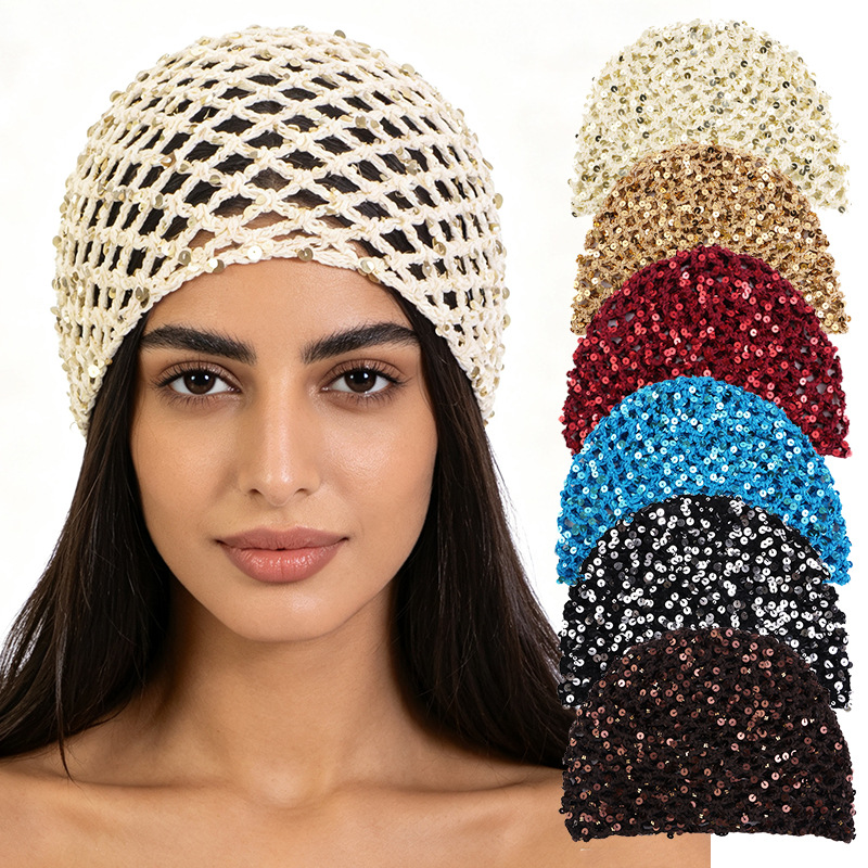 New all-cotton handmade crochet sequin hairnet head cover, hollow breathable headscarf hat JDW-67