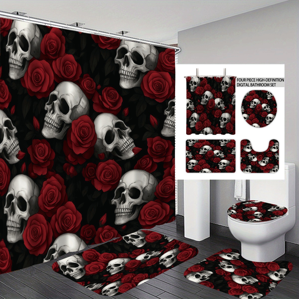 Agente de poliéster Mei Ke más cortina de baño impermeable serie de agua floral 3D impresión digital cortina de baño cuatro piezas alfombra absorbente