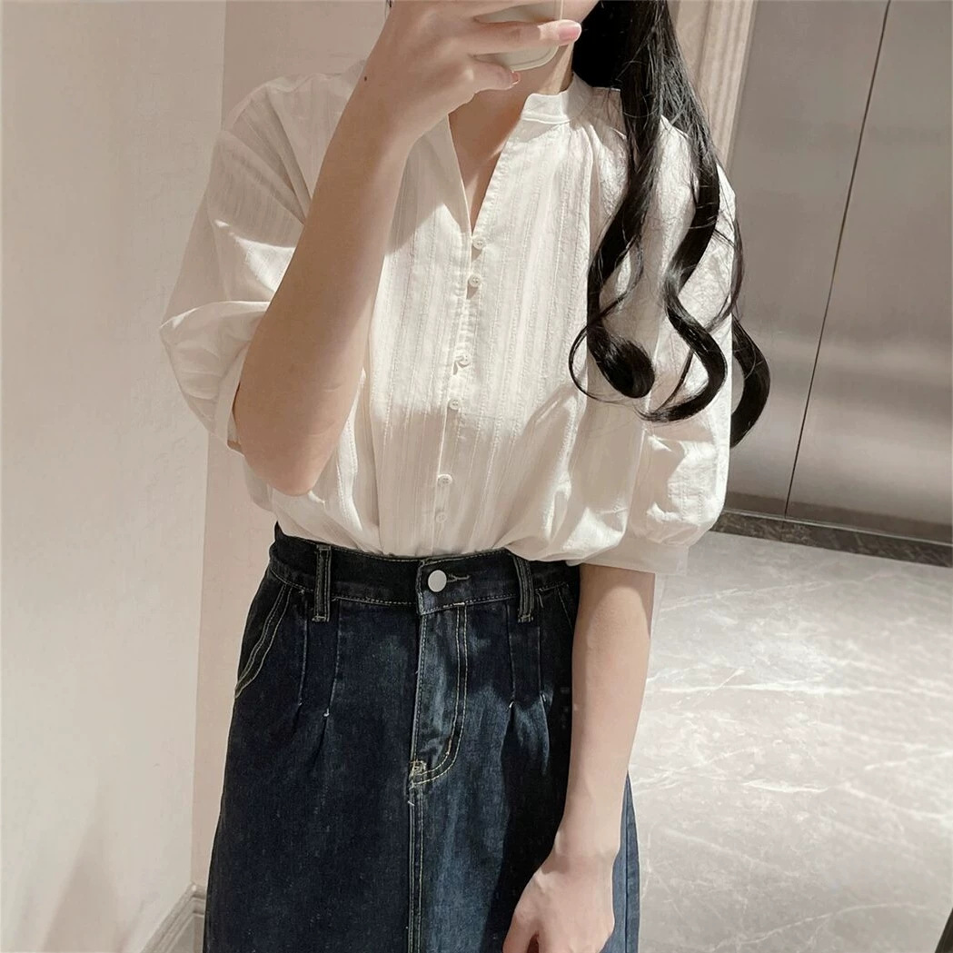 Áo sơ mi nữ tay bồng chất liệu cotton pha lanh kiểu Pháp — màu trắng chi tiết 1