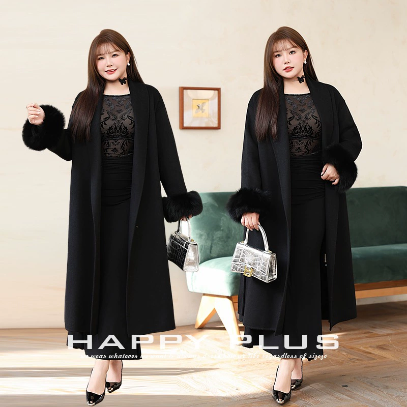 Шерсть лисы с шнуровкой Длинное шерстяное двухстороннее шерстяное пальто