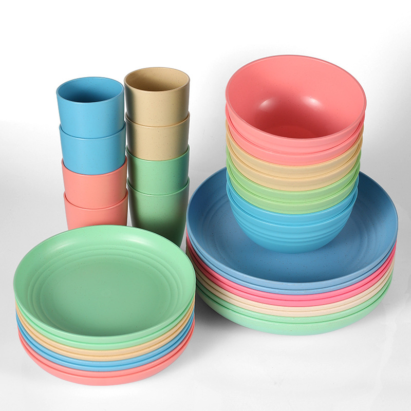 亞馬遜美國站小麥秸稈盤碗杯8人份餐具禮品套裝塑料防摔餐盤碗杯