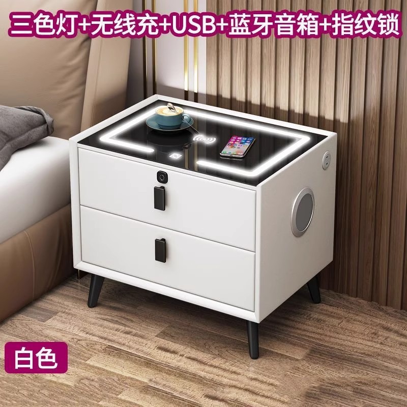 [흰색 2 서랍] 무선 충전기 + LED 3 색 빛 + USB + 블루투스 스피커 + 지문 잠금