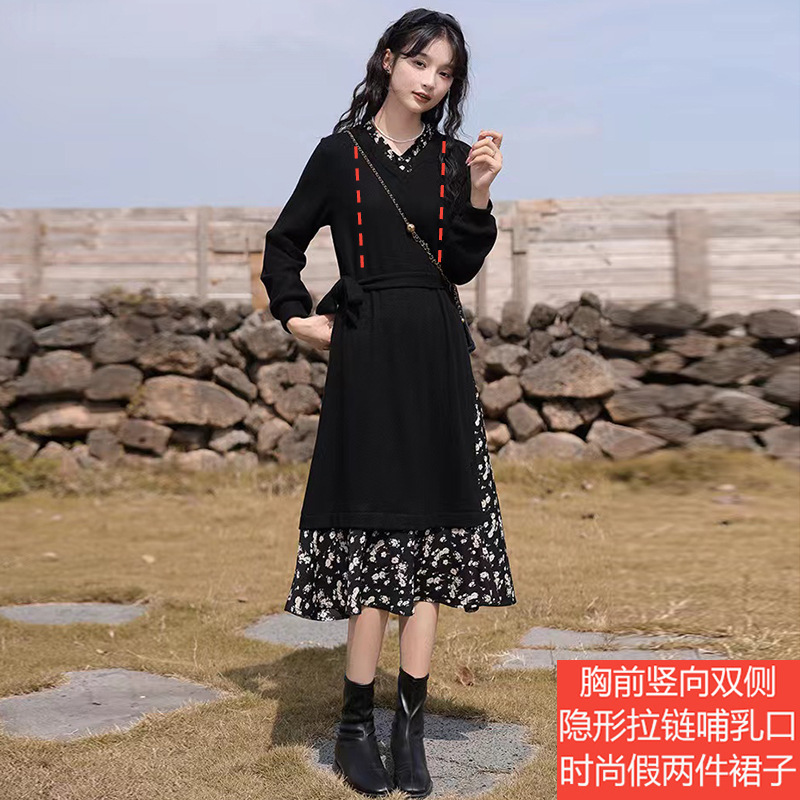 2025秋装哺乳衣假两件绝美高级感碎花拼接收腰显瘦外出喂奶连衣裙|undefined