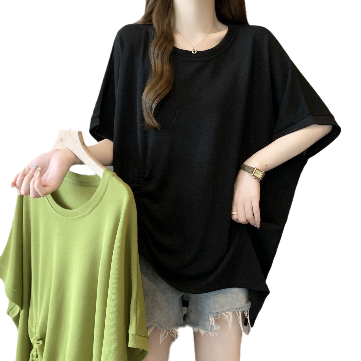 Camiseta de manga corta con cordón de diseño de gran tamaño para mujer verano 2024 nuevo estilo suelto y delgado mm exterior top femenino ins