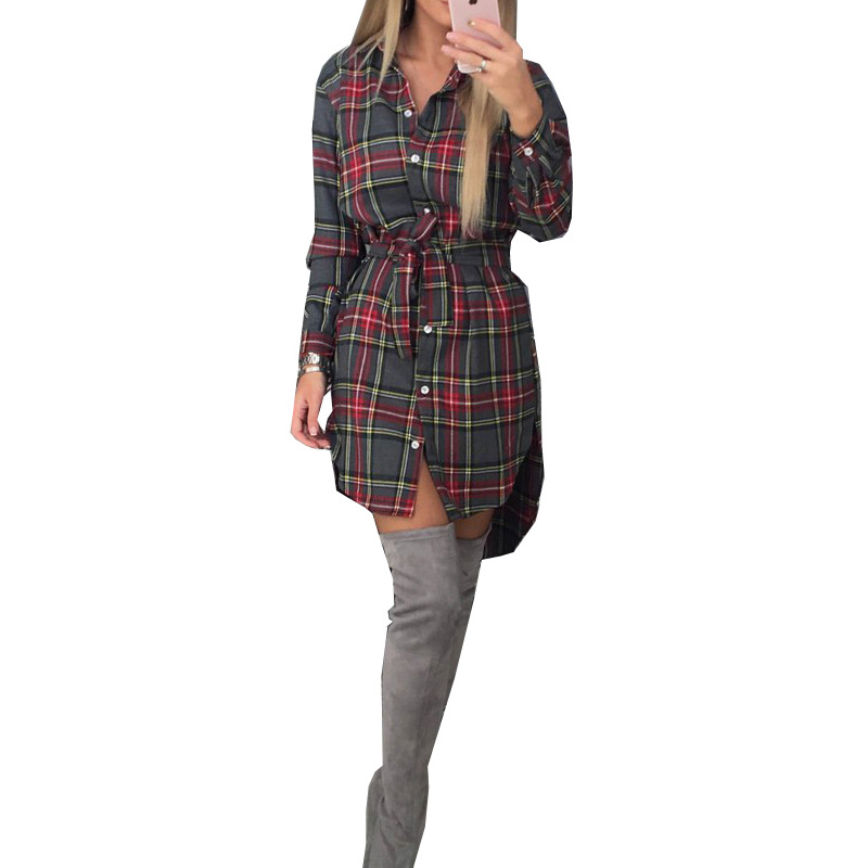 Women Clothing Ladies Collared Long Sleeve Shirt Women Mid-Length Plaid Shirt Shirt Dress